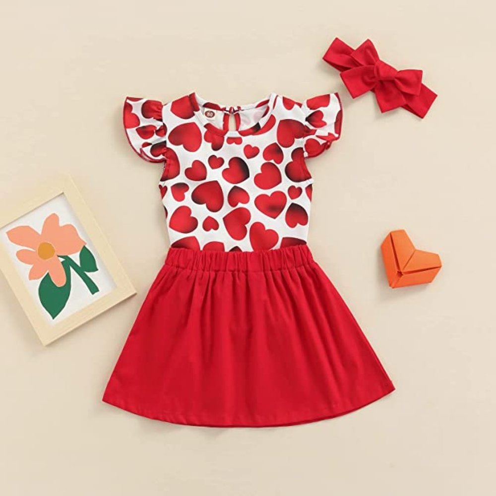 Infant Baby Girl Valentine's Day Outfit Heart Ruffle Dress + Headband Set 6-12m